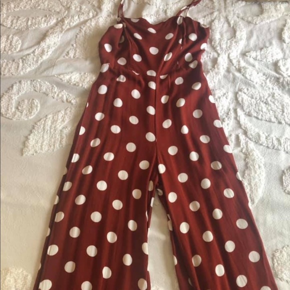orange polka dot jumpsuit